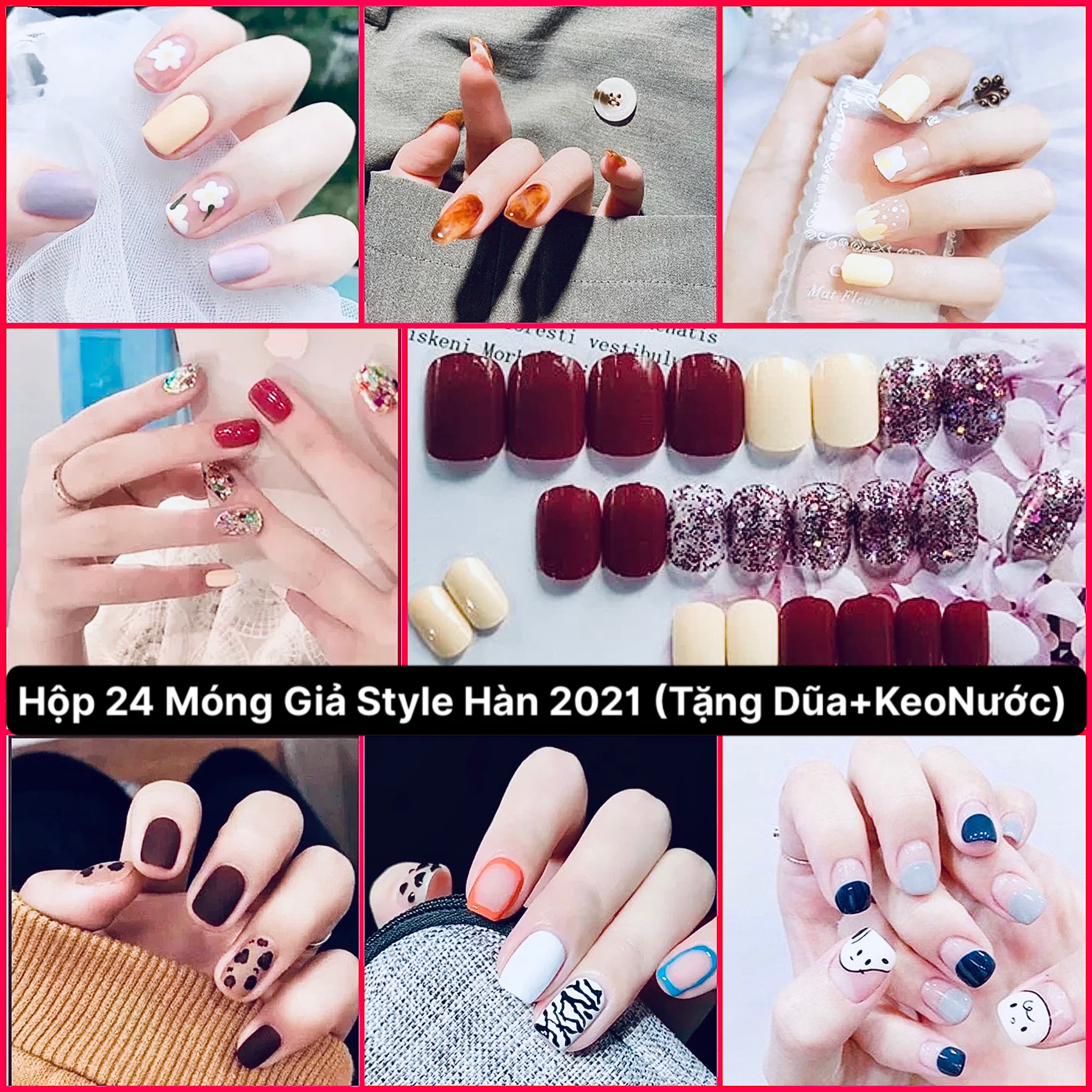 Hộp 24 Móng Tay Giả Họa Tiết Vẽ Sẵn “Tặng Keo + Dũa Móng”