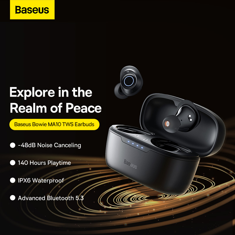Tai nghe không dây Baseus Bowie MA10 TWS -48dB ANC, Bluetooth 5.3, chống nước IPX6, màu Đen nhám