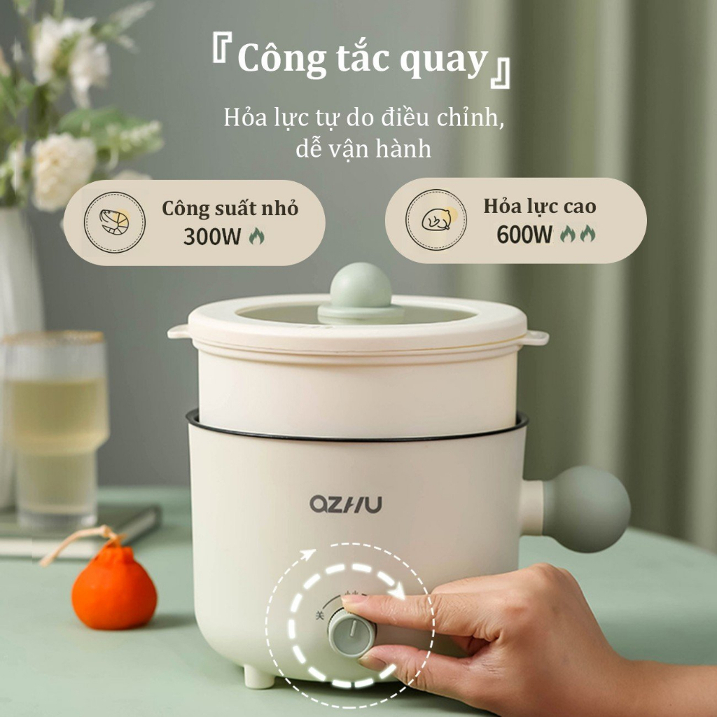 Nồi Lẩu Điện Mini, Nấu Mì 2 Tần  Kèm Giá Hấp Đa Năng Nướng, Luộc, Chiên Chống Dính Vấn Đá Tiện Lợi, 