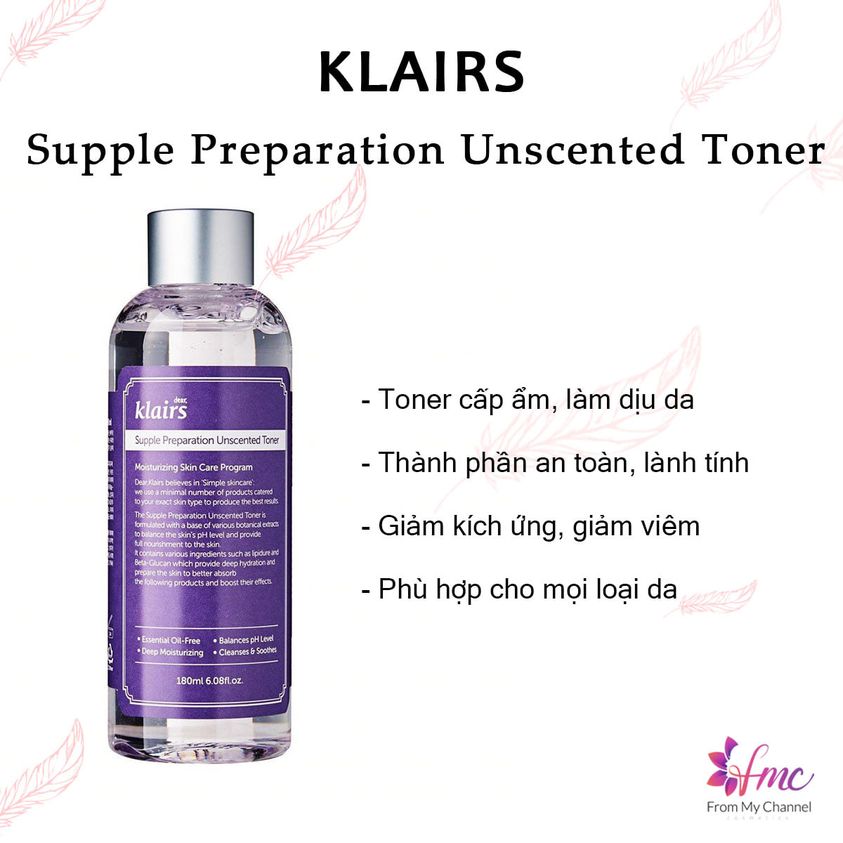 Toner Dưỡng Ẩm Không Mùi Klairs Supple Preparation Unscented 180Ml