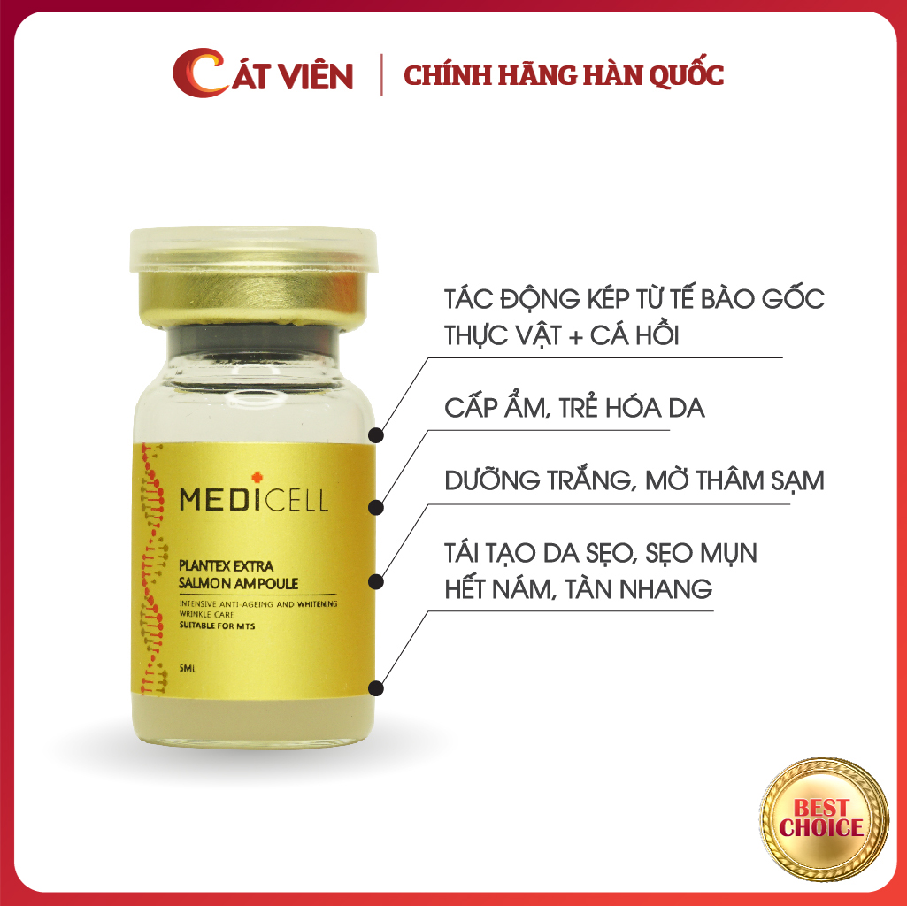 Tế Bào Gốc Cá Hồi Plantex Extra Salmon Medicell Dưỡng Ẩm Cấp Nước Dưỡng Trắng Mờ Thâm Sạm Tái Tạo Da Sau Lăn Kim Da Mụn Nám Tàn Nhang - Lọ 5Ml