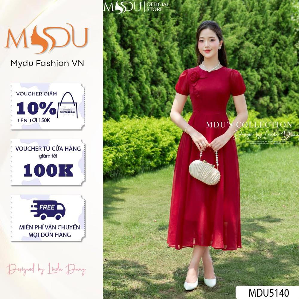 Váy Tơ Óng MDU5140 Gam Đỏ Ruby Nổi Bật Cùng Chi Tiết Hoa 3D Đắp Nổi Thủ Công Ở Vai Tinh Xảo Từ MDU