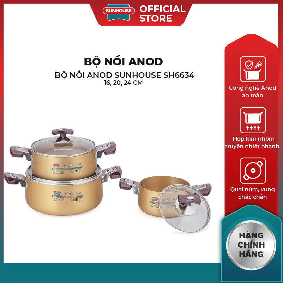 Bộ Nồi Anod SUNHOUSE SH6634 16 20 24 cm Công Nghệ Anod An Toàn Hợp Kim Nhôm Truyền Nhiệt Nhanh Qua