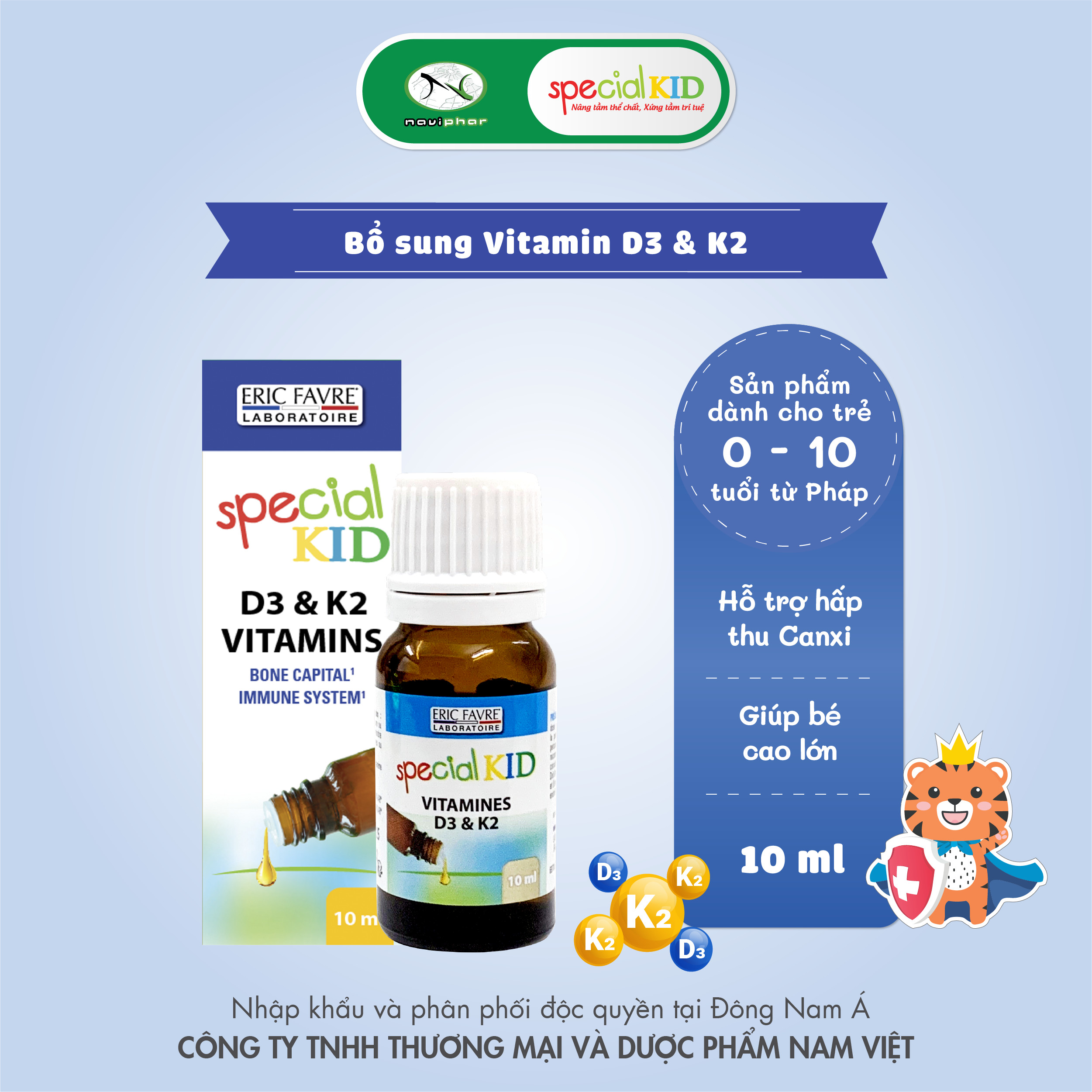 Tinh dầu bổ sung Vitamin D3 và Vitamin K2 hỗ trợ tăng cường hấp thu canxi - TPBVSK Special Kid Vitamines D3 et K2 - 10ml [Nhập khẩu Pháp]