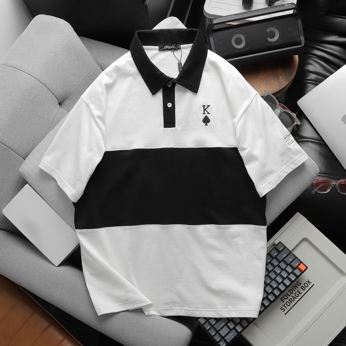 Áo thun polo nam form rộng trắng đen