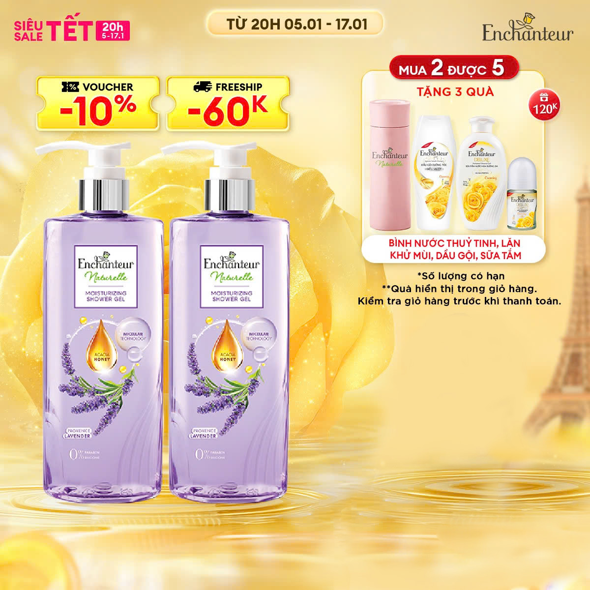 [TẶNG 3 QUÀ] Combo 2 Sữa tắm dưỡng da thiên nhiên Enchanteur Naturelle hương Lavender 510g