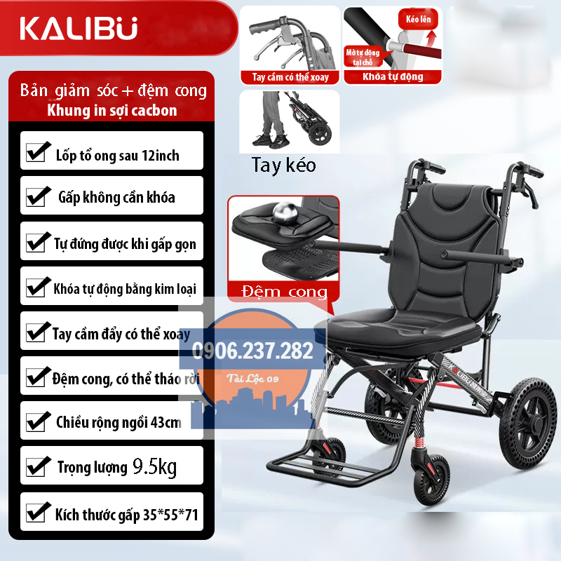 Xe lăn gấp gọn KALIBU lốp đặc ổn định - xe lăn du lịch xách tay siêu nhẹ cho người già người khuyết tật - xe lăn xếp gọn