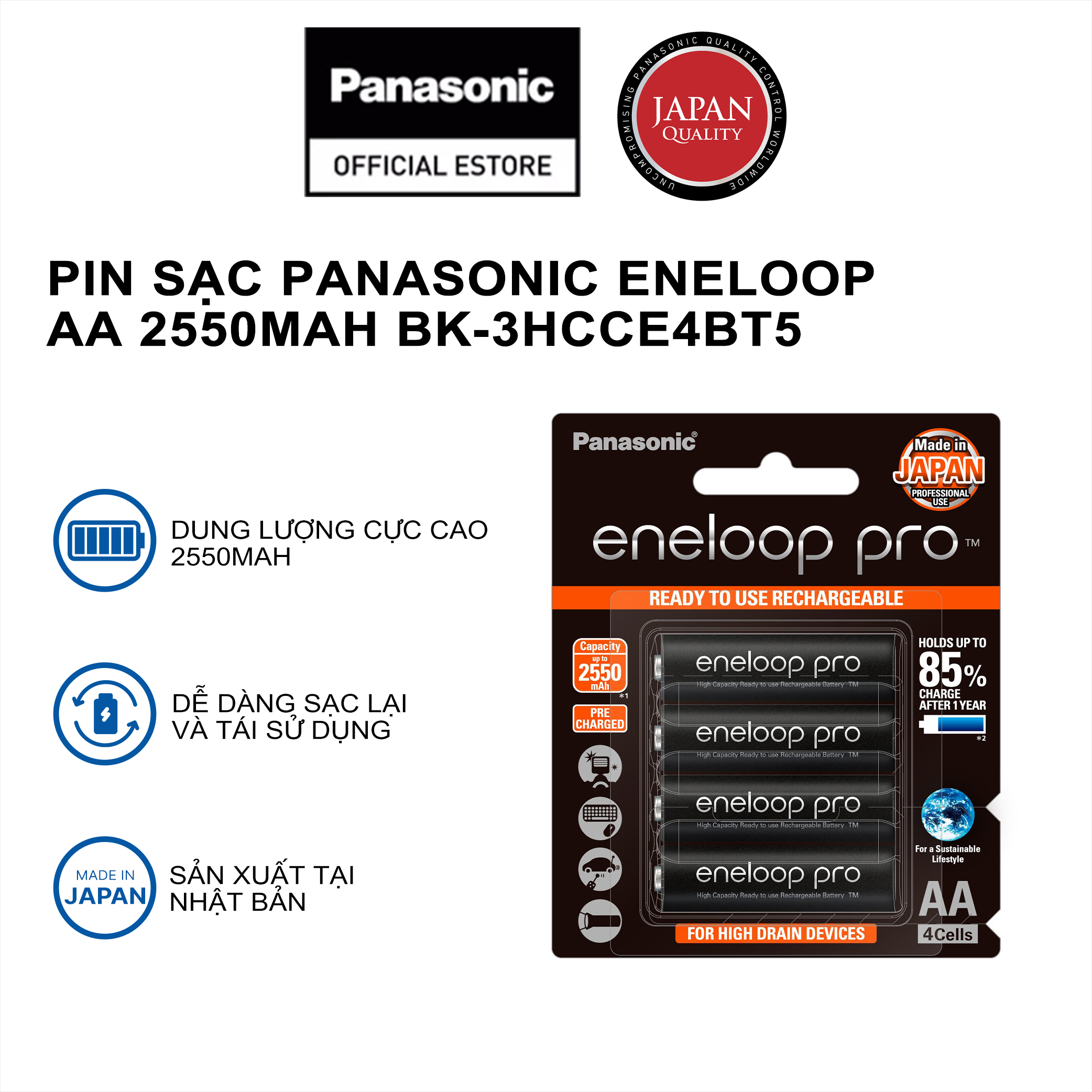 Pin sạc dự phòng Eneloop pro Panasonic NiMH AA 2550mAh - BK-3HCCE4BT5 - Hàng chính hãng (Vỉ 4 viên)