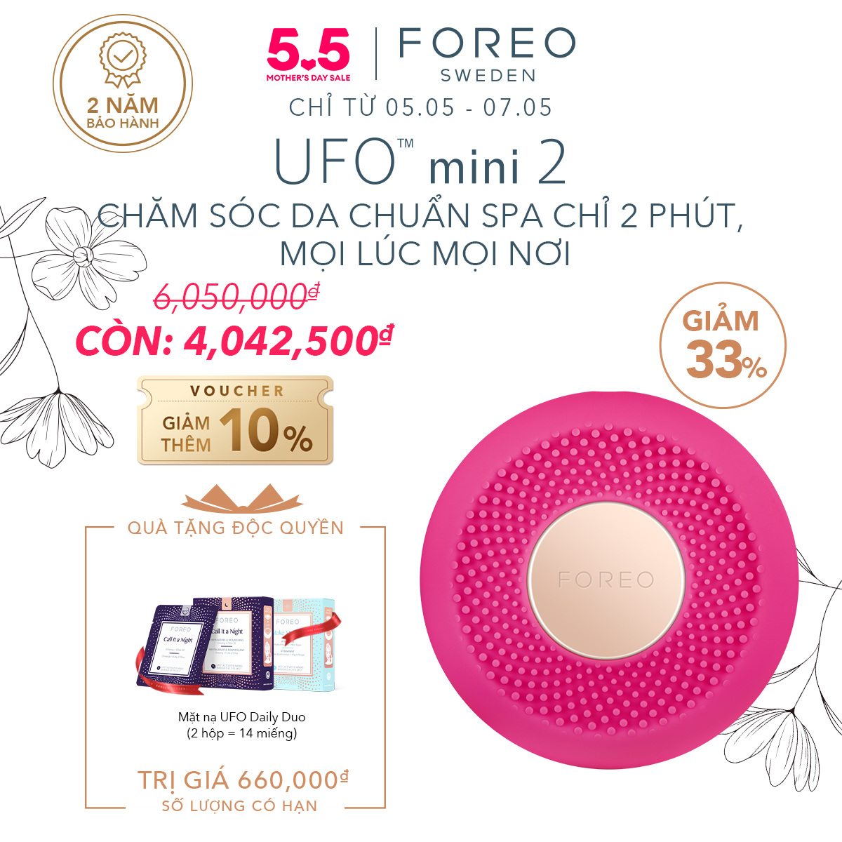 Máy đắp mặt nạ thông minh FOREO UFO mini 2 trị liệu bằng nhiệt và đèn LED có thể sạc bảo hành 2 năm tương thích với một số mặt nạ FOREO UFO - intl