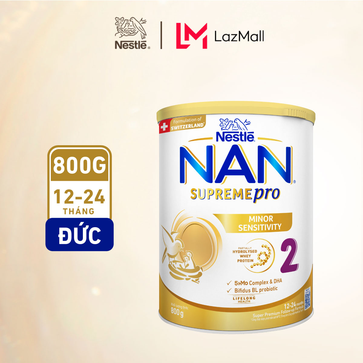 Sữa bột Nestle NAN SUPREMEPRO 2 800g nhập khẩu Đức với đạm Whey thủy phân 1 phần 5HMO hỗ trợ triệu chứng mẫn cảm
