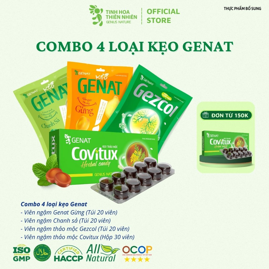Combo 4 loại kẹo thảo mộc - kẹo ngậm Chanh Sả -  Kẹo Genat Gừng -  Kẹo thảo mộc Gezcol - Kẹo thảo mộ