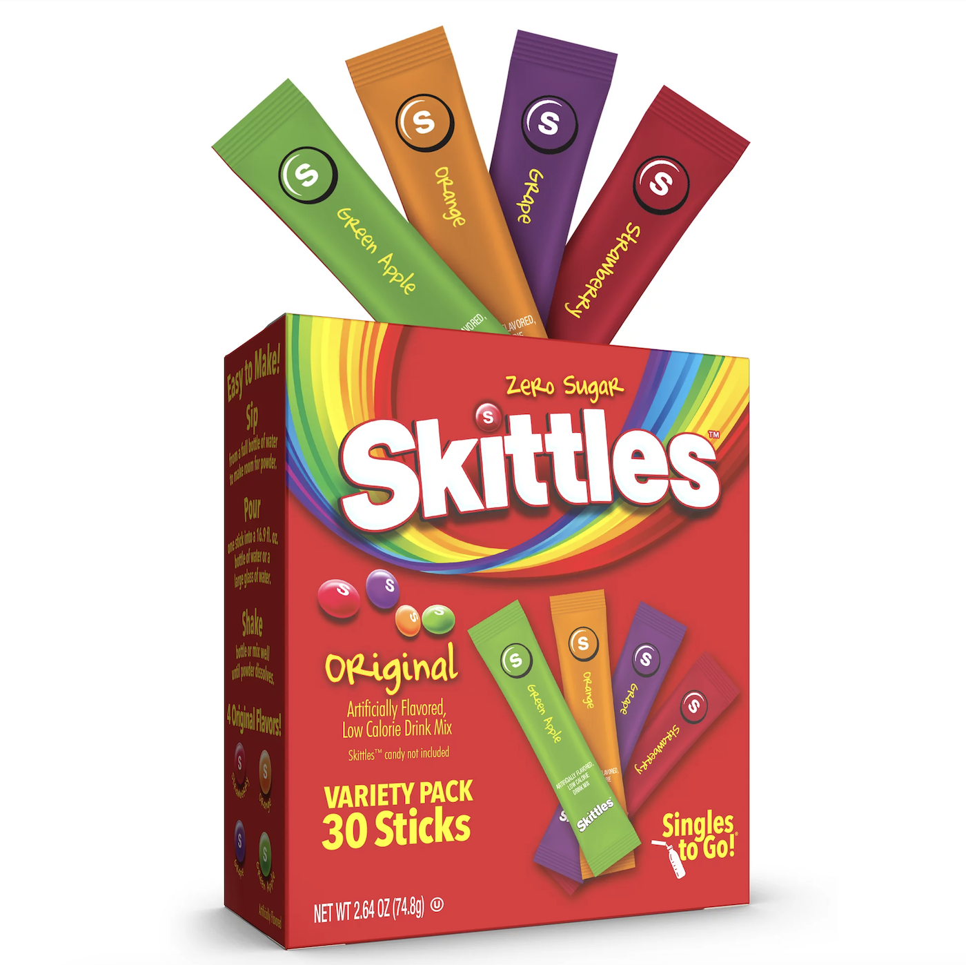 HỘP 30 GÓI BỘT PHA NƯỚC TRÁI CÂY Skittles Zero Sugar Variety Pack Singles-to-Go Powdered Drink Mix K