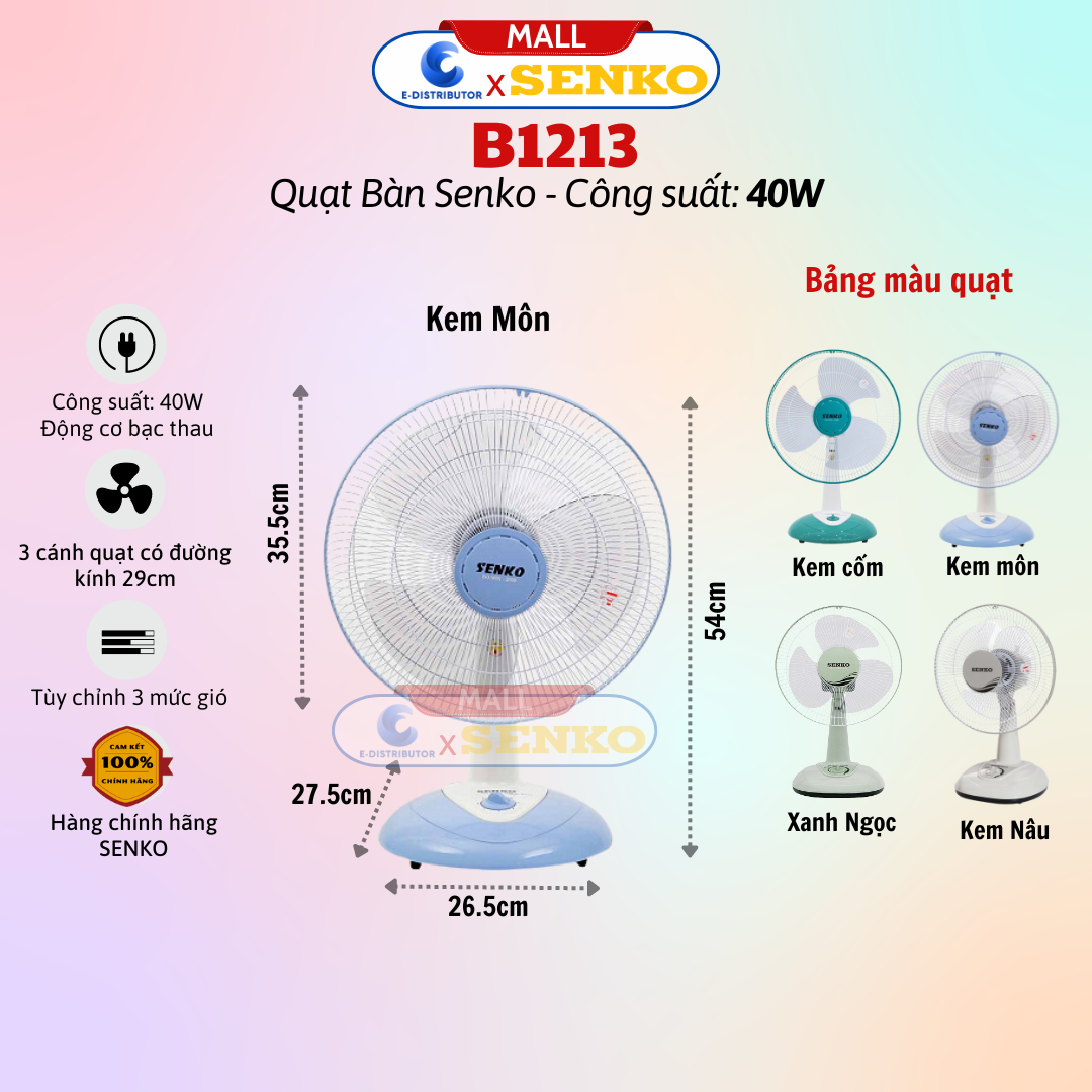 Quạt Điện Senko Để Bàn B3 B1213 - Công Suất 40w - Động Cơ Bạc Thau Êm Ái - Hàng Chính Hãng - Bảo Hàn