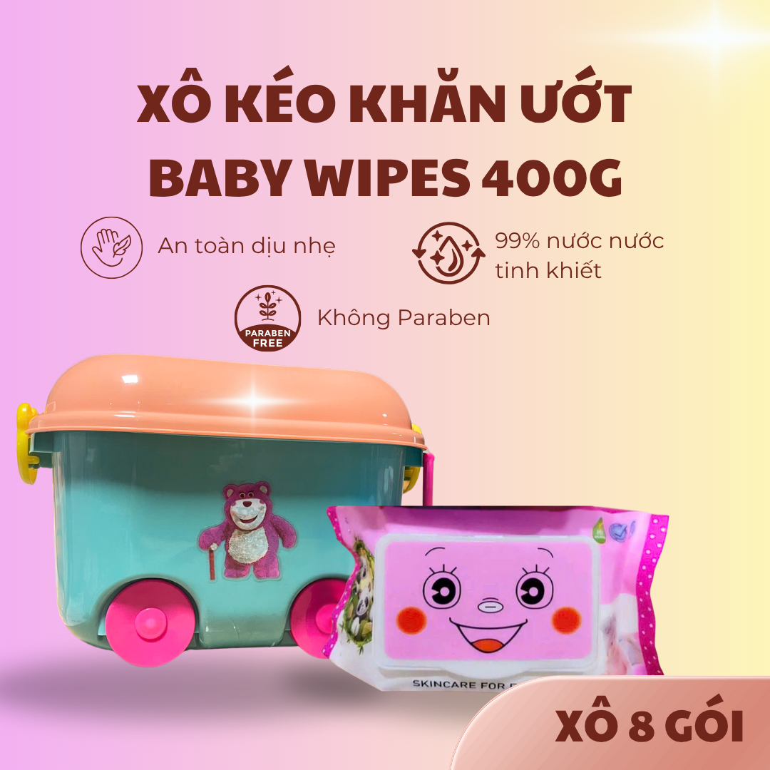 Xô bánh xe + 8 Gói Khăn giấy ướt 400g Vải bi dầy khổ 19x20 Khăn ướt không cồn dùng được cho bé