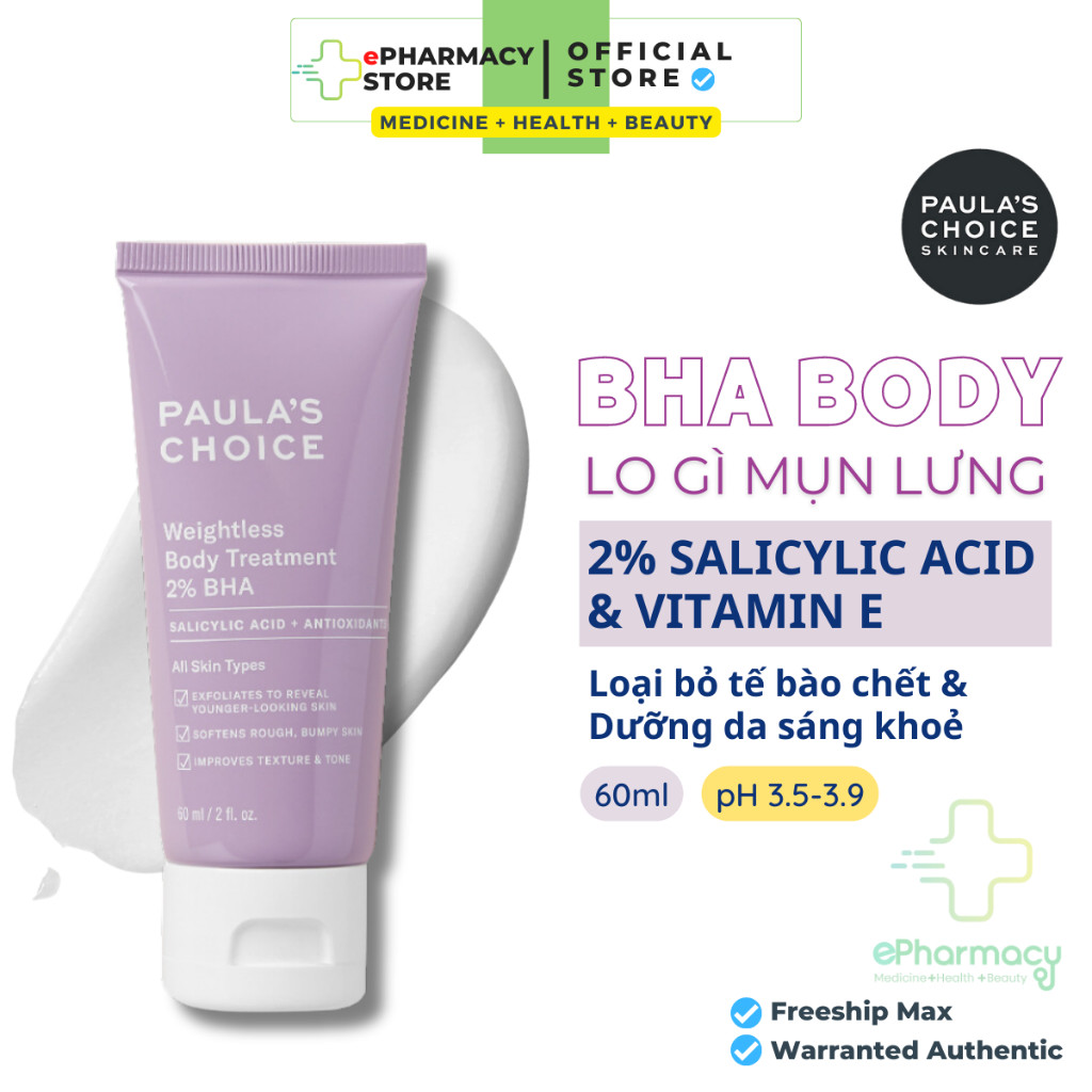 Paulas Choice BHA 2% Body Treatment mini - Kem dưỡng thể Paulas Choice BHA 2% Weightless Body Treatment 60ml