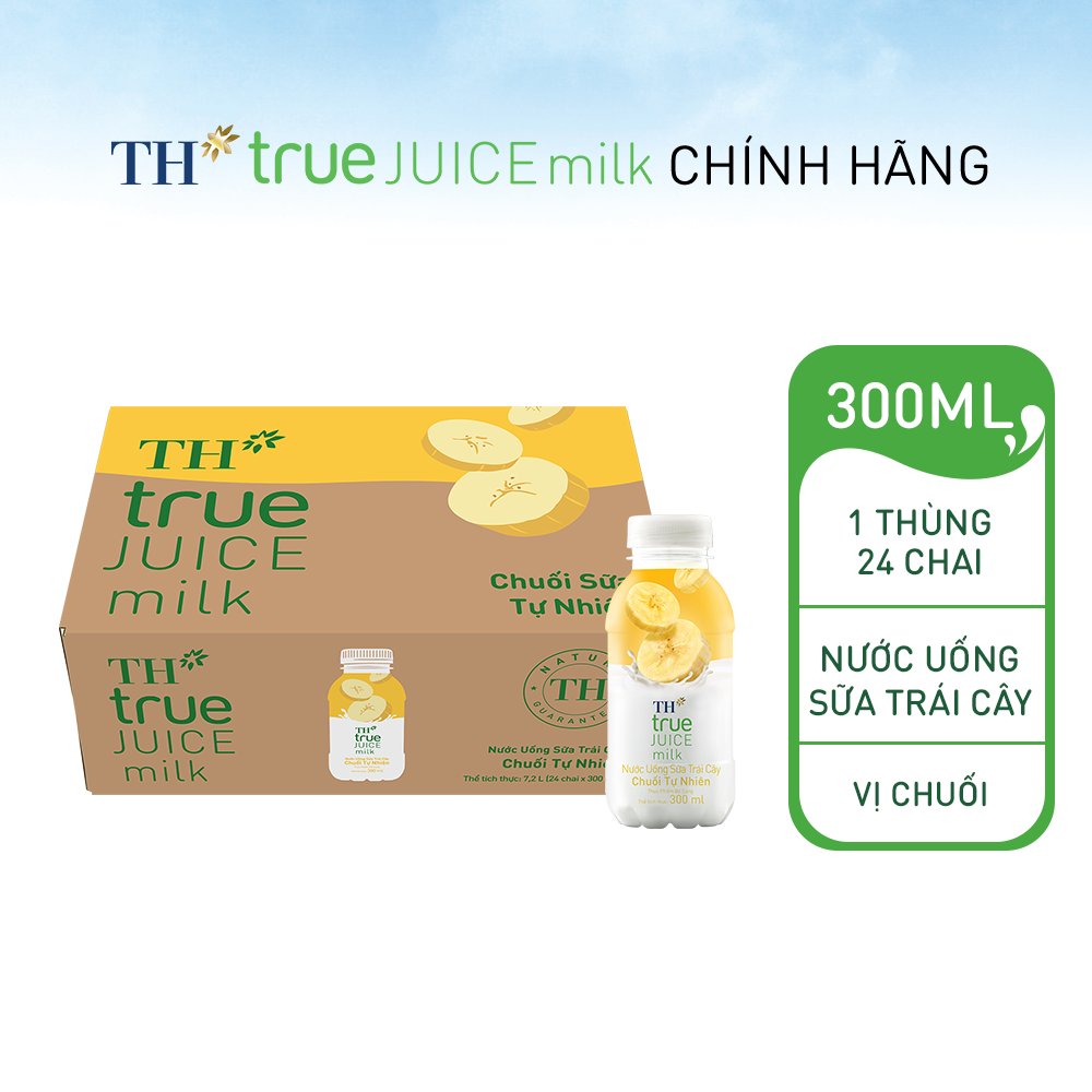 Thùng 24 chai nước uống sữa trái cây TH true JUICE milk vị chuối tự nhiên 300 ml (300 ml x 24)