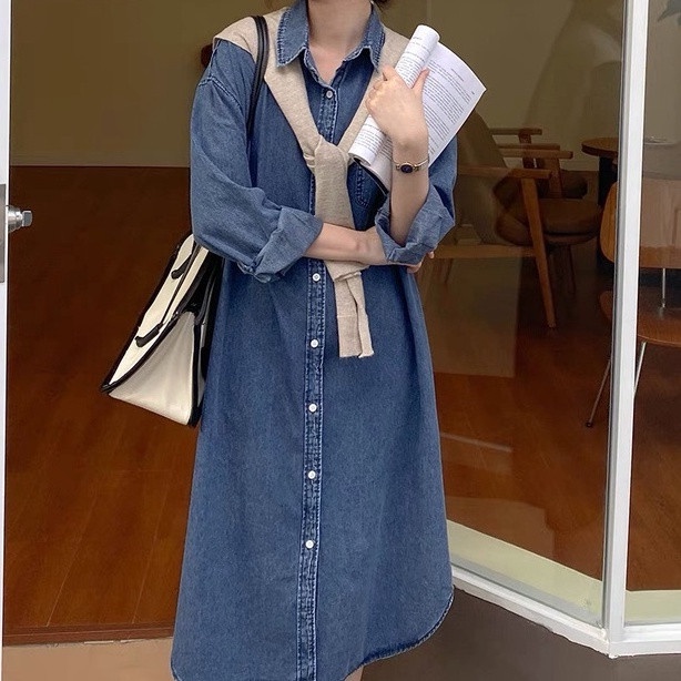 Váy sơ mi jean nữ dáng dài cộc tay đầm sơ mi nữ form rộng phong cách ulzzang A18