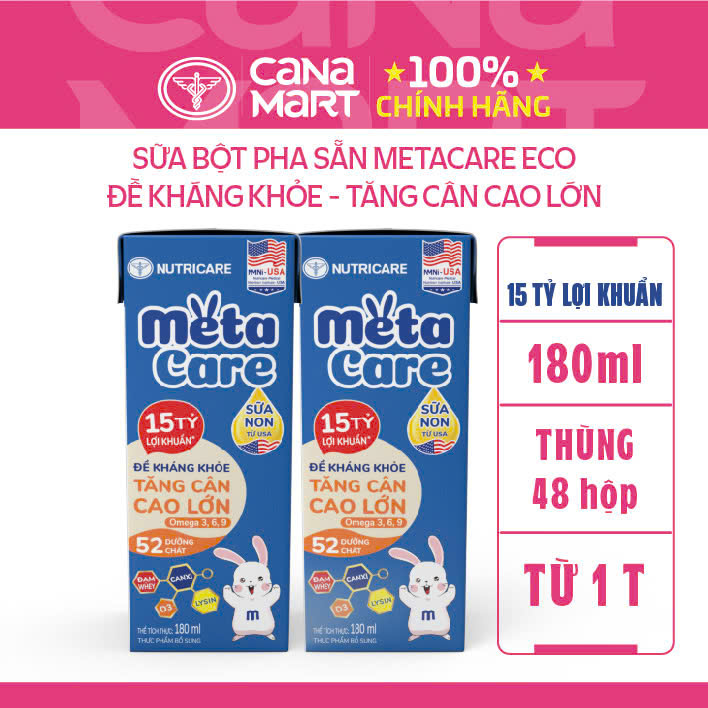 Thùng sữa bột pha sẵn Nutricare Metacare ECO cho bé đề kháng khỏe tăng cân cao lớn (180ml x 48 hộp)