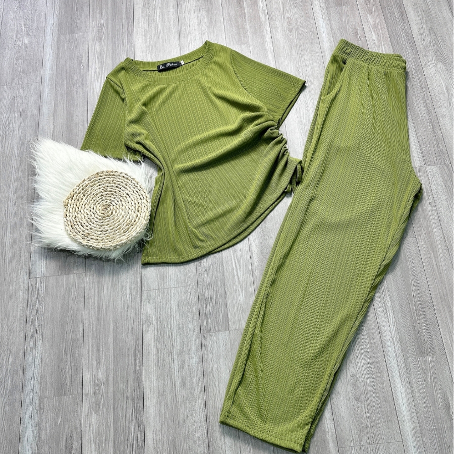 Set đồ bộ bigsize nữ áo thun basic cổ tròn tay ngắn kèm quần ống rộng dài chất vải thun gân SET62