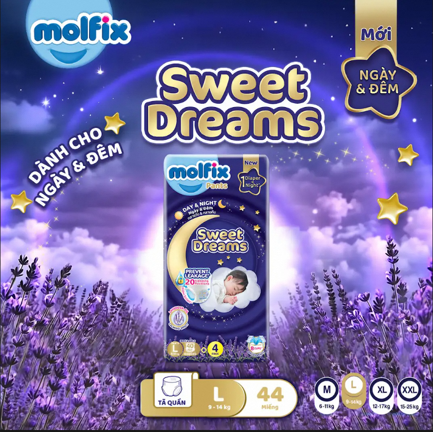 Combo 4 Tã Quần Molfix Sweet Dreams Jumbo M50/L44/XL38/XXL34