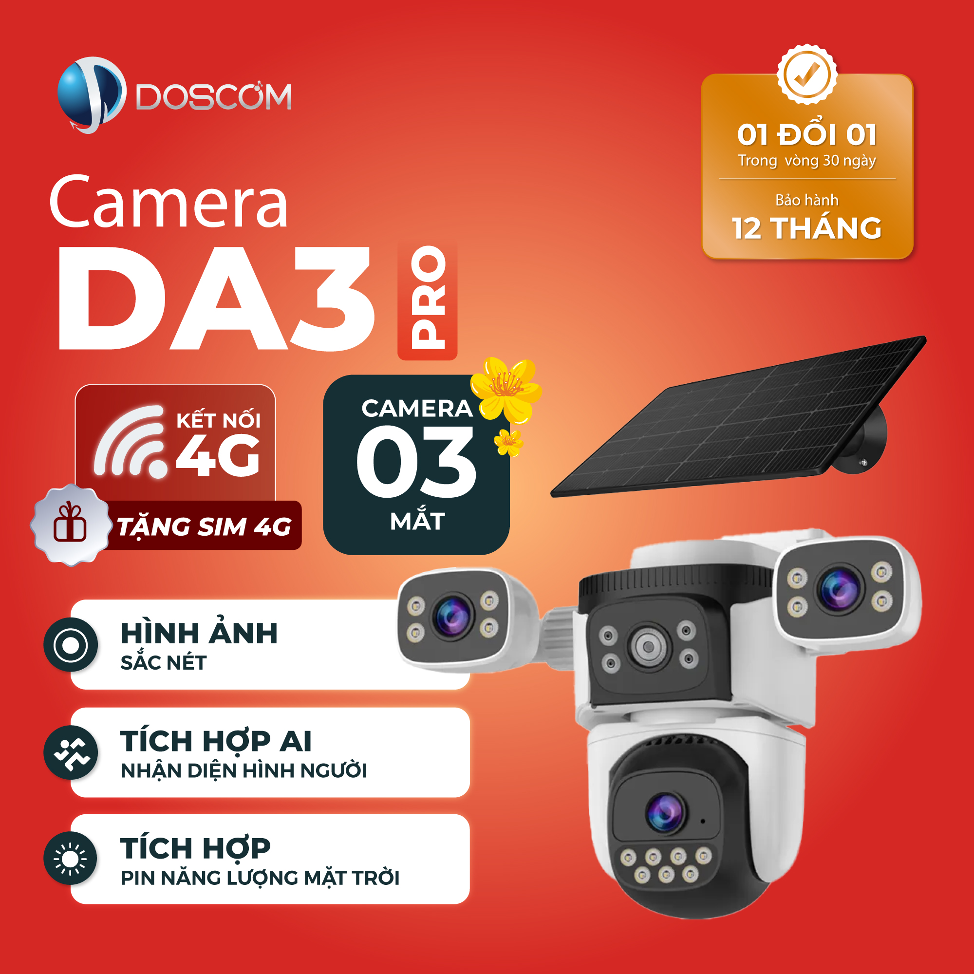 Camera Wifi Doscom DA3 Pro Tích Hợp 3 Ống Kính - Giám Sát An Ninh 360 độ Đàm Thoại 2 Chiều