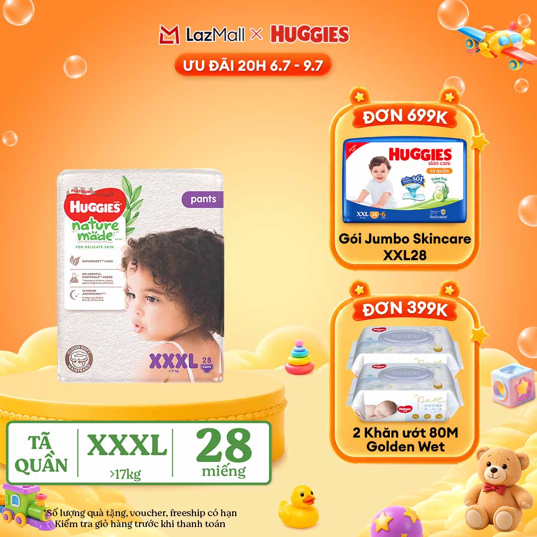 [30.7 QUÀ TẶNG ĐƠN 399K] Tã quần Huggies Naturemade size XXXL gói 28 miếng