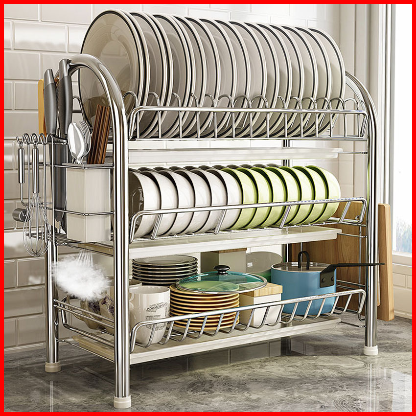 Kệ úp bát chén đĩa inox 3 tầng có khay thoát nước - Giá úp bát đĩa cao cấp kèm ống cắm đũa thìa khay