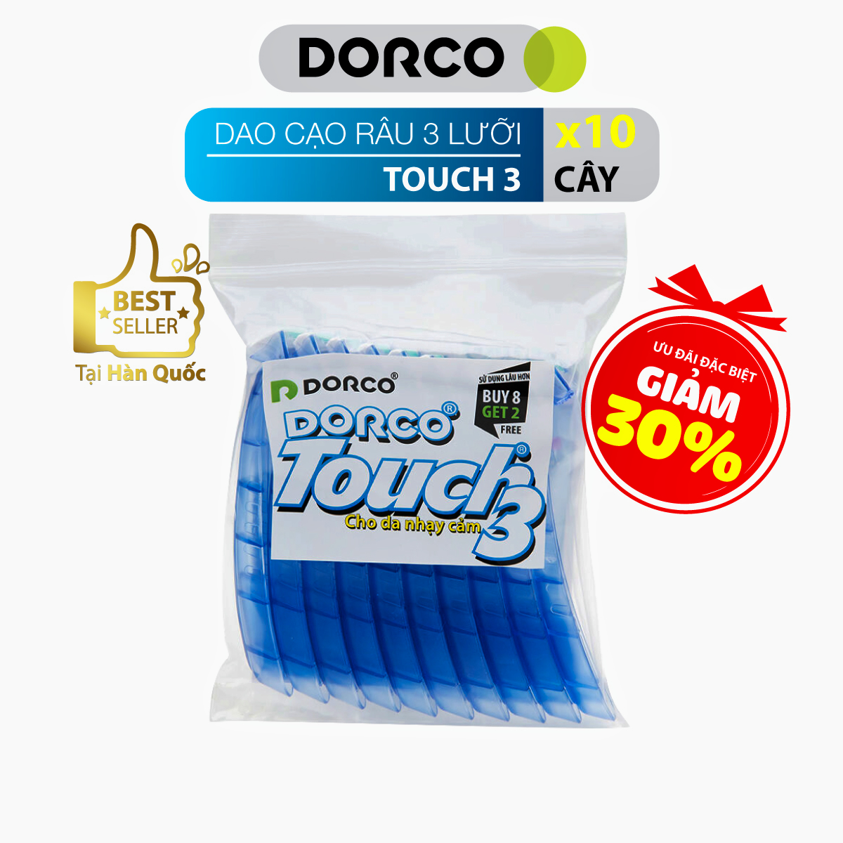 10 Dao Cạo 3 Lưỡi Dorco Touch 3