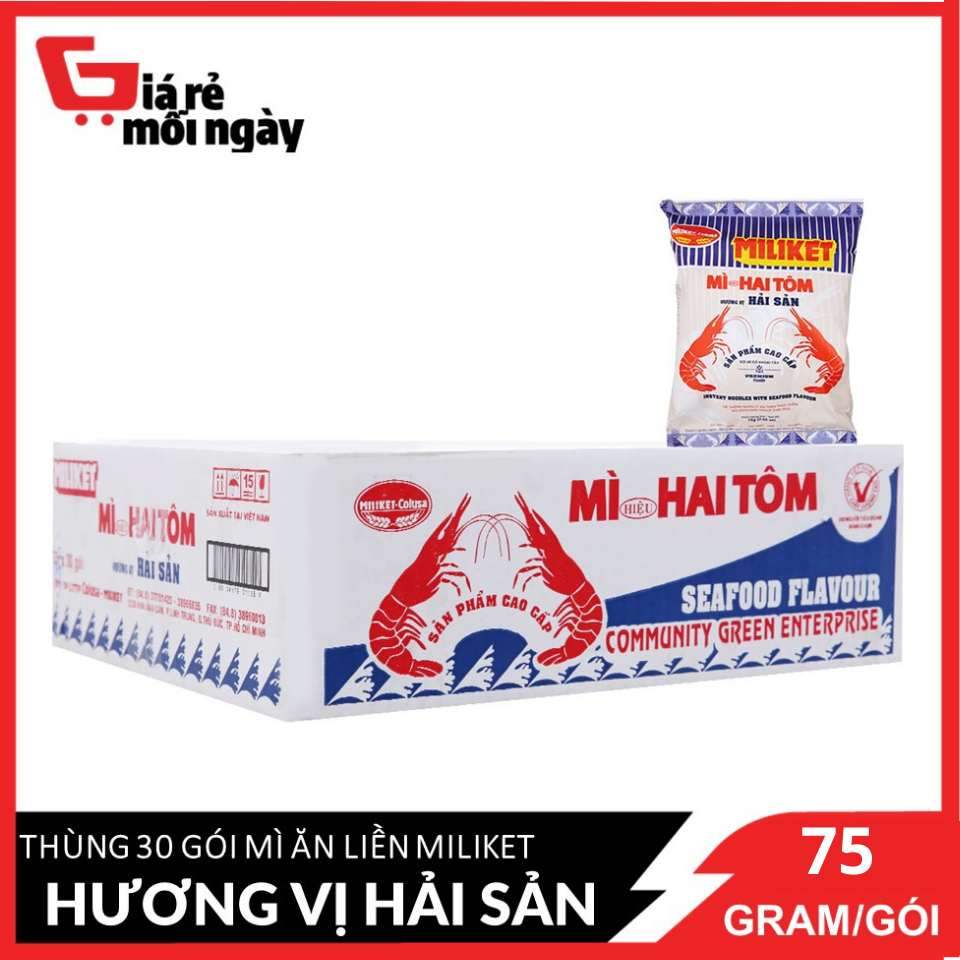 [HCM ship 2h] [Nguyên thùng 30 gói] Mì ăn liền Miliket Hai tôm hương vị hải sản 75gX30