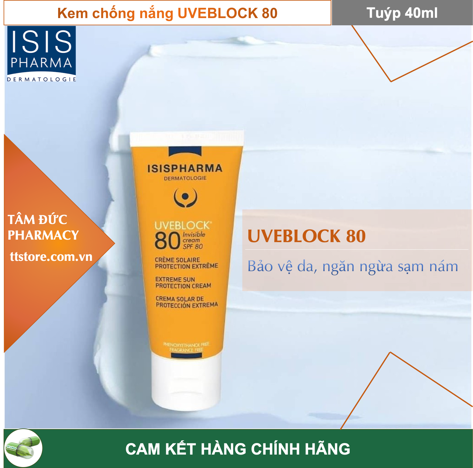 [Hcm]Uveblock 80 [Tuýp 40Ml] - Isis Pharma Pháp - Kem Chống Nắng Dành Cho Da Nhạy Cảm Spf50+