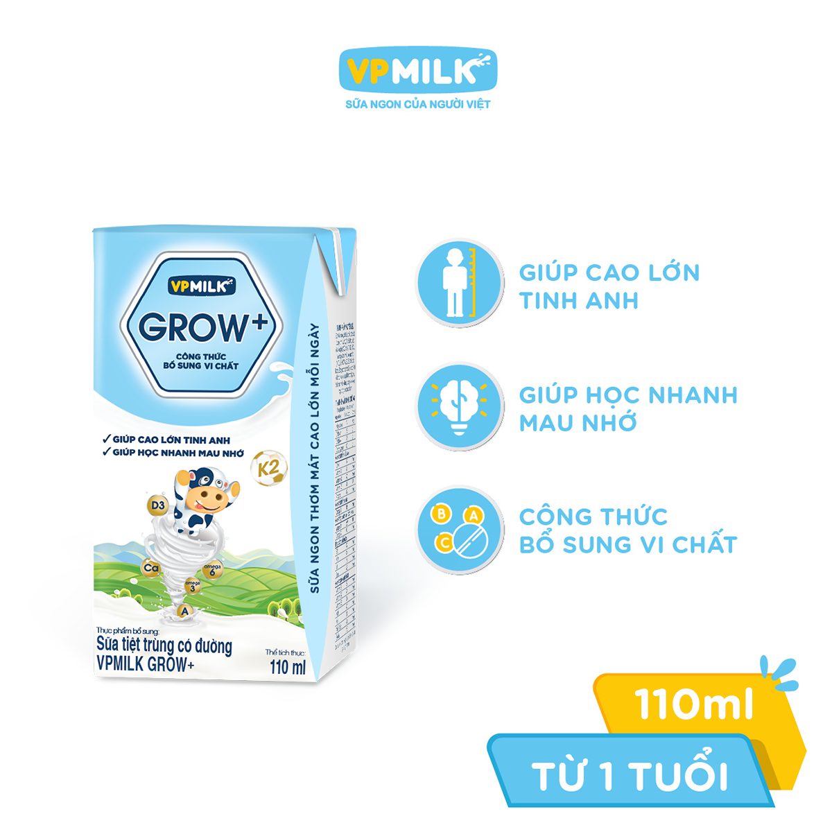 [Thùng 48 Hộp 110ml] Sữa Tiệt Trùng VPMilk Grow+ Có Đường Cho Bé Từ 1 Tuổi