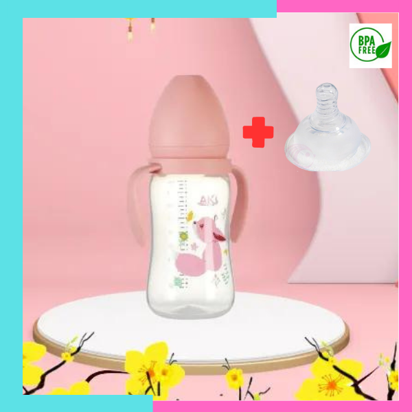 Bình sữa cổ rộng cho bé bình sữa cổ rộng Aki 180ml - 240ml - 300ml với núm vú siêu mềm chống sặc chống đầy hơi không BPA (dễ dàng vô sữa)