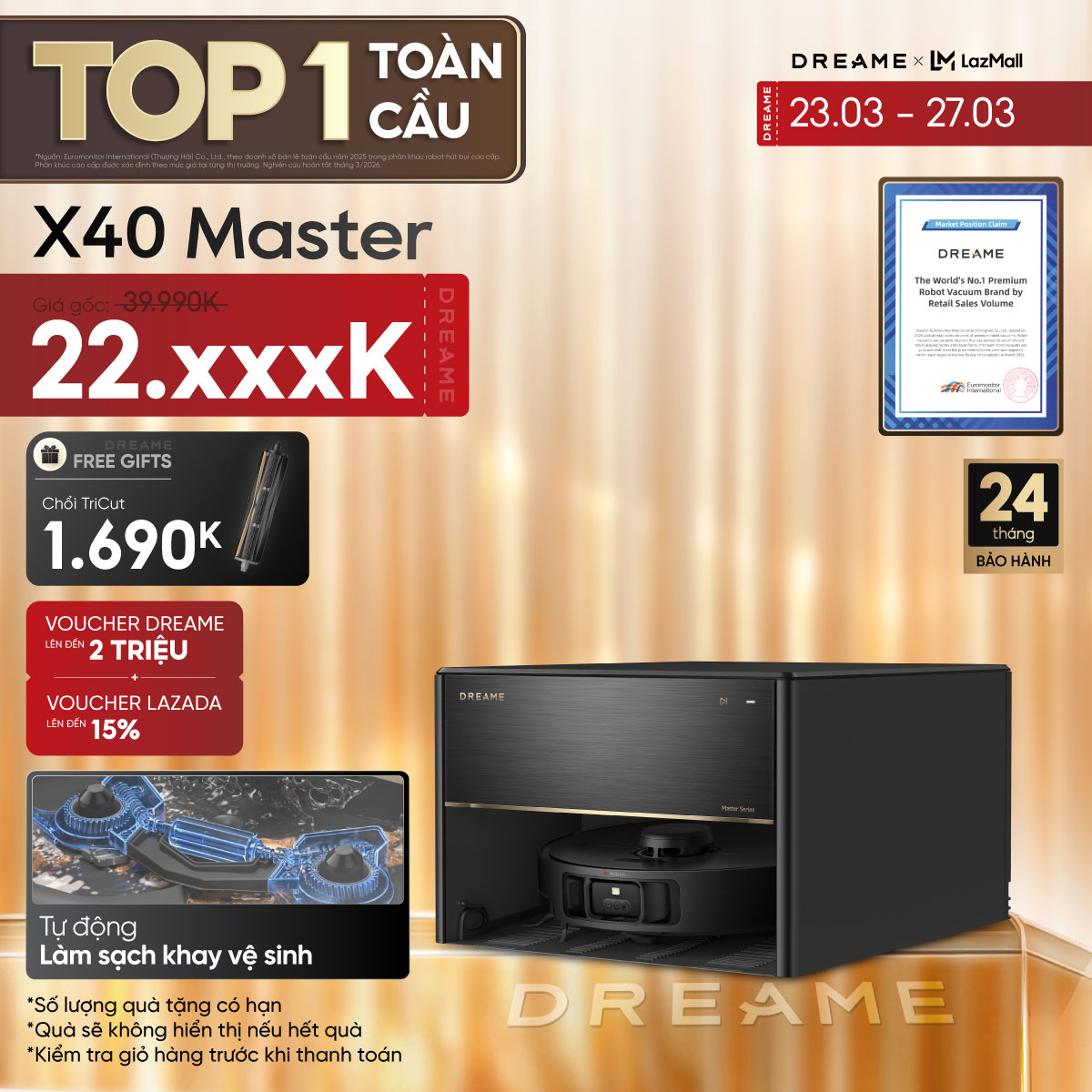 Robot hút bụi lau sàn thông minh Dreame X50 Master - Kích thước 350x350x89mm, Dung lượng 0.395L