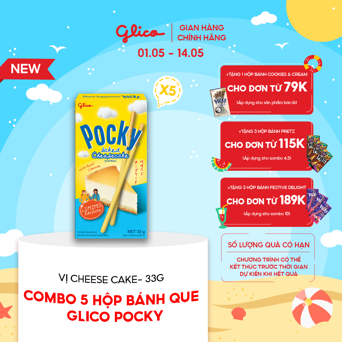 Combo 5 hộp bánh que Glico Pocky vị bánh nướng phô mai 33gr ( Limited Edition)