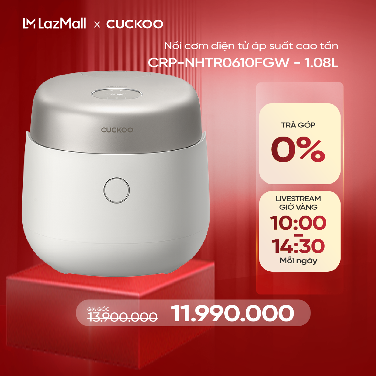 Nồi cơm điện áp suất kép cao tần  Cuckoo 1.08L CRP-NHTR0610FGW- công nghệ áp suất xi lanh hiện