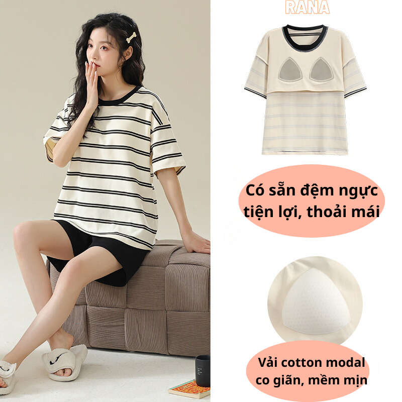 Bộ quần áo mặc nhà quần áo ngủ cho nữ có đệm ngực may liền tiện lợi bộ quần áo mặc nhà xinh xắn đáng