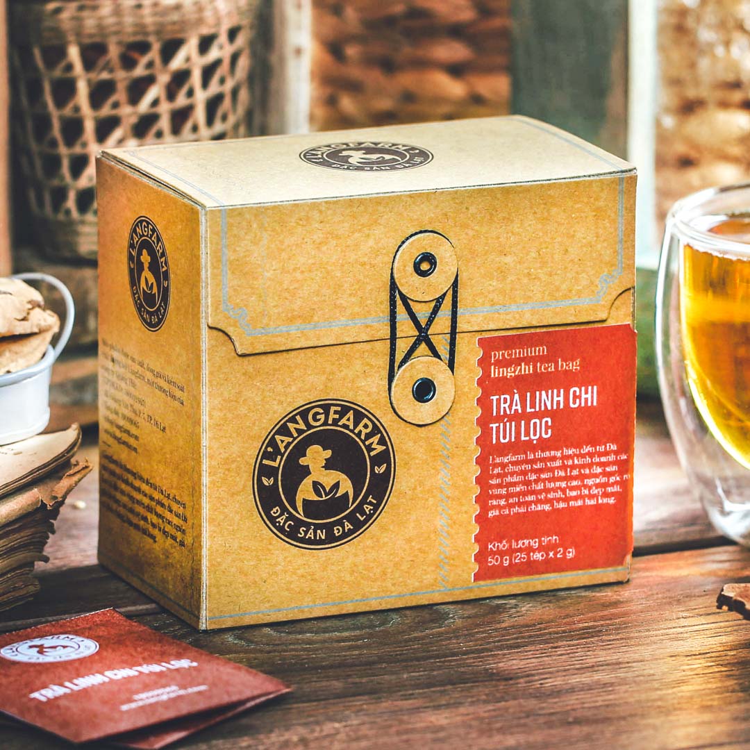 Trà linh chi túi lọc Langfarm 25 tép hộp mẫu quấn dây kraft