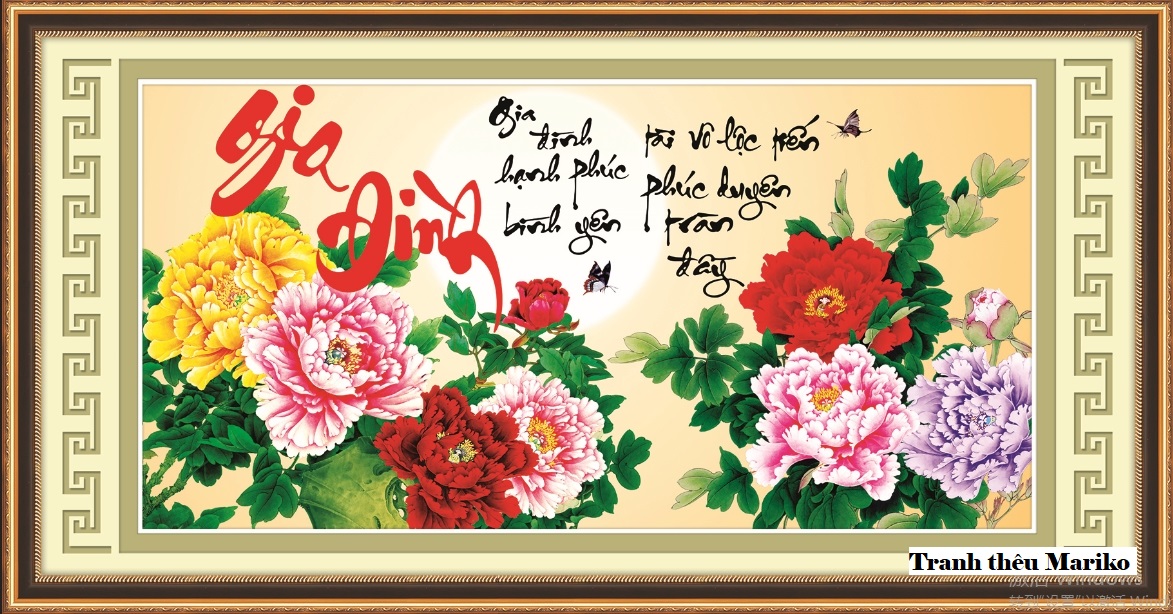 Tranh thêu chữ thập Gia Đình hoa mẫu đơn 53482 kích thước 76 x 43 cm