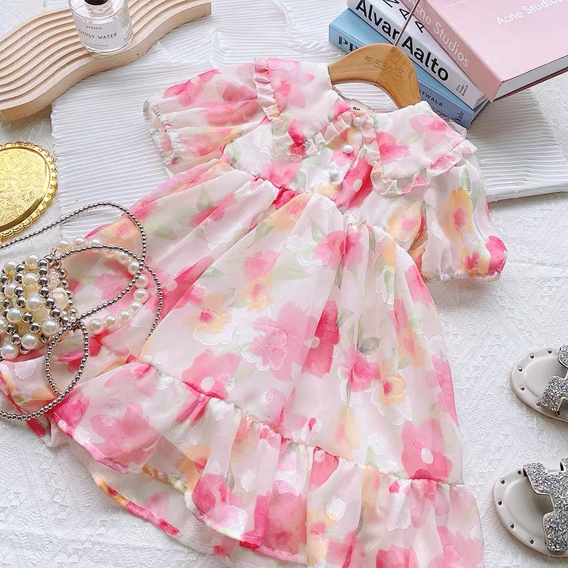 Set Đầm Mẹ Và Bé Hoa Hồng Thêu Cúc Ngọc Vải Voan Tơ Cao Cấp
