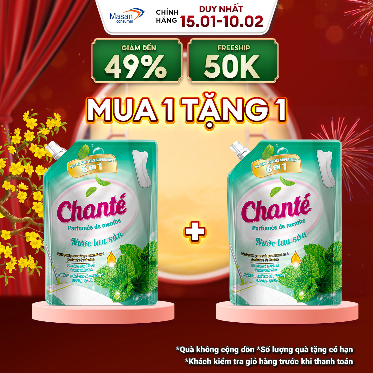 Combo 2 Nước lau sàn cao cấp 6 trong 1 Chanté hương Bạc Hà túi x 3.4kg