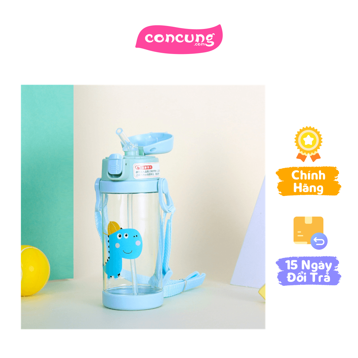 Bình tritan Diller cho bé có dây đeo 350ml (gồm 2 nắp)- Xanh