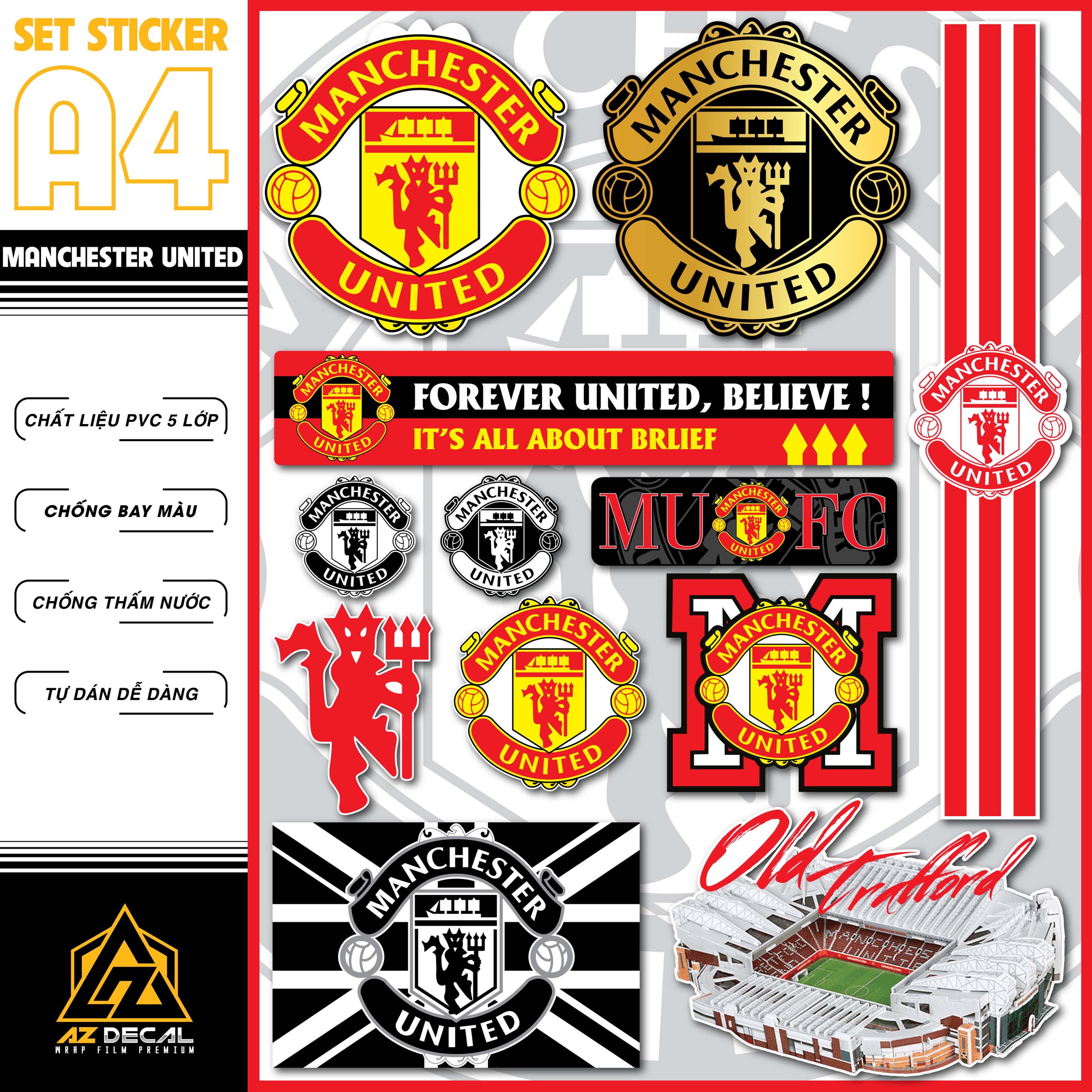 Sticker Bóng Đá Manchester United Dán Tem Xe Dán Nón Điện Thoại Laptop - Logo MU Chất Liệu Chống Thấ