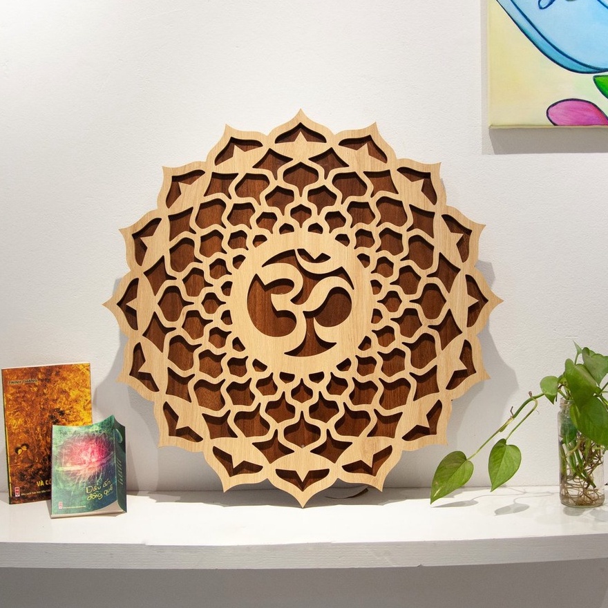 Tranh Gỗ Decor Hoa Mandala Chữ Om Treo Tường Phòng Thiền  Yoga ĐK40cm