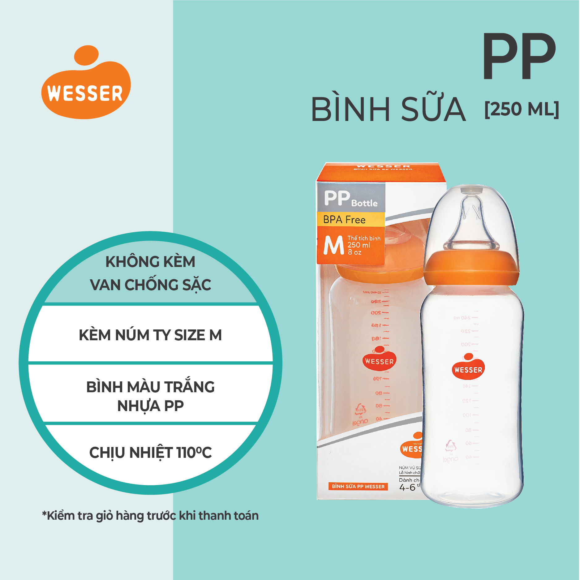 Bình sữa cổ hẹp PP Wesser 60ml/140ml/250ml