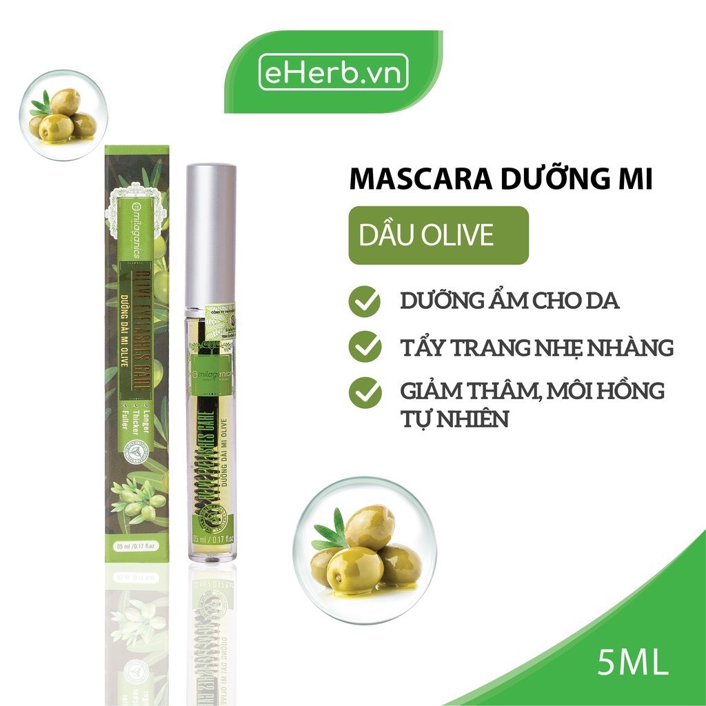 [Hcm]Mascara Dưỡng Mi Dầu Olive Nguyên Chất Kích Thích Mi Mọc Dày & Dài Hơn Milaganics 5Ml (Tuýp)