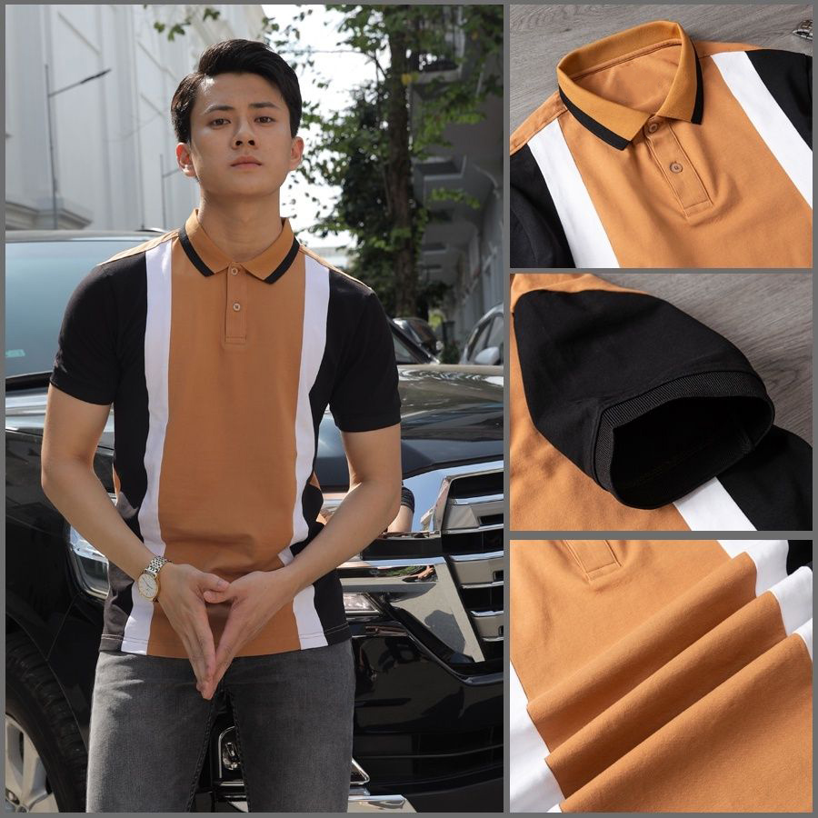 Áo thun Polo nam Nâu tay Màu cổ bẻ Áo phông có cổ vải Cotton phối màu trẻ trung