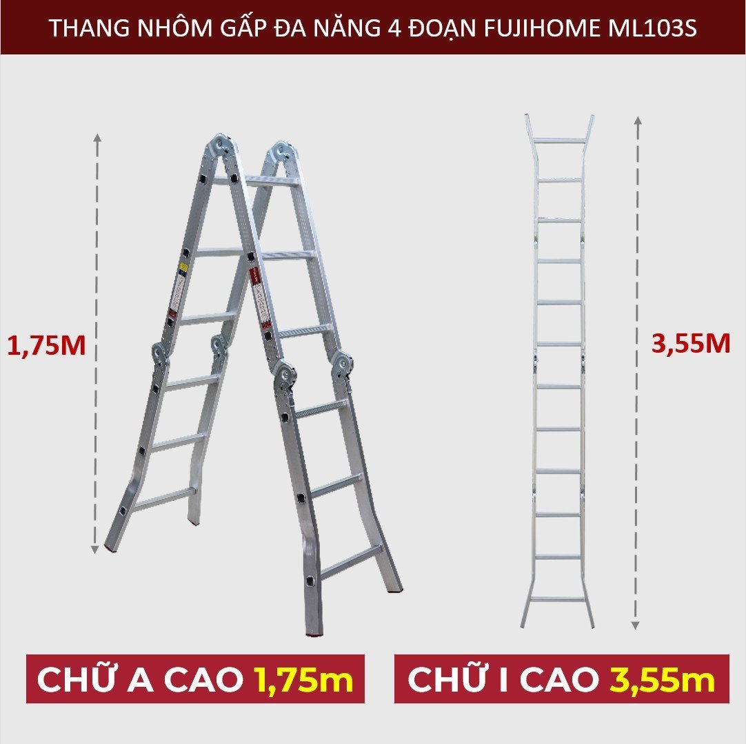 Thang nhôm gấp 4 đoạn Nhập Khẩu 34 mét - 47 mét siêu đa năng FUJIHOME thang chữ M xếp gọn 4 khúc gia