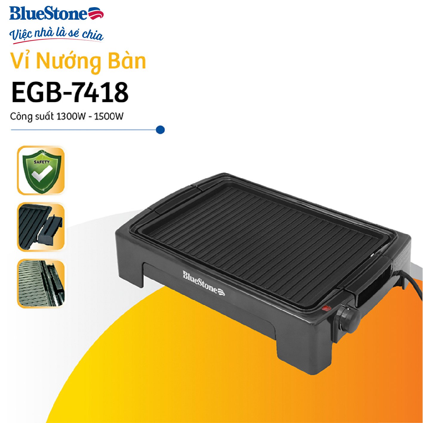 [Duy nhất 28-29/5 tặng quà 299K cho đơn từ 1 Triệu]Vỉ Nướng Điện BlueStone EGB-7418 - Công suất 1300