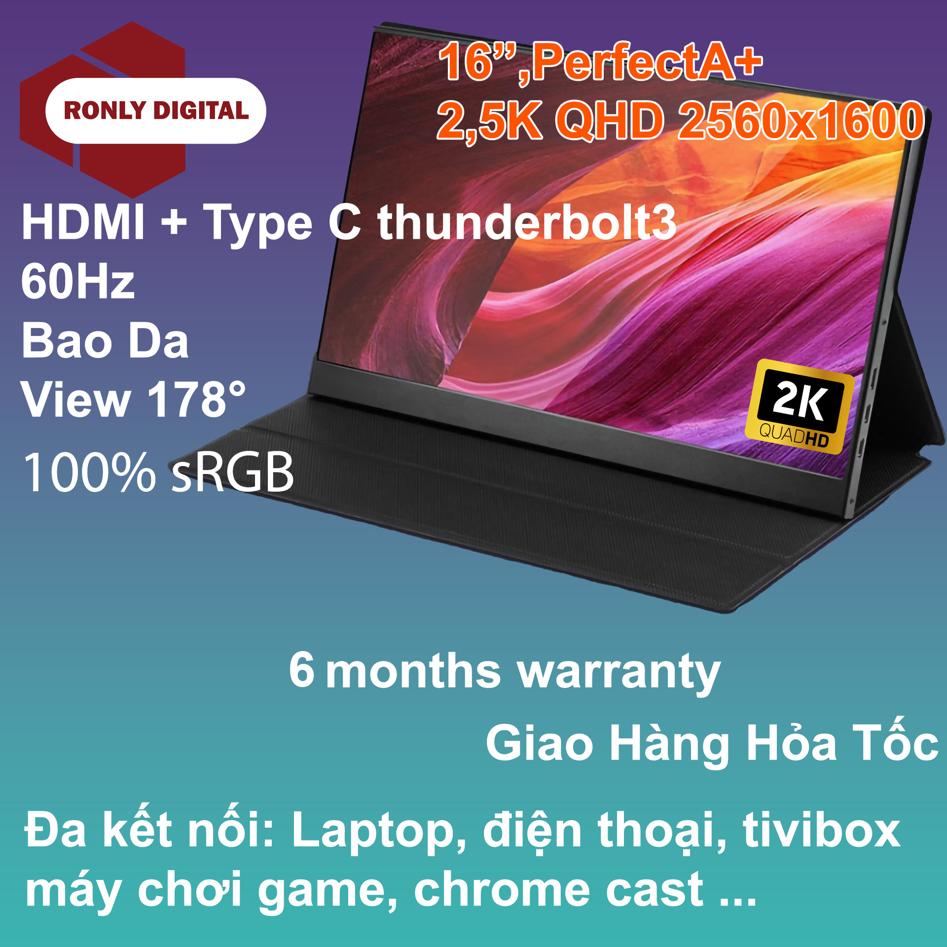 Màn Hình Di Động 16 inch Option Cảm Ứng Trắng Hoặc ĐenFullHD/25K QHD 2560x1600/4K chất lượng cao 60h