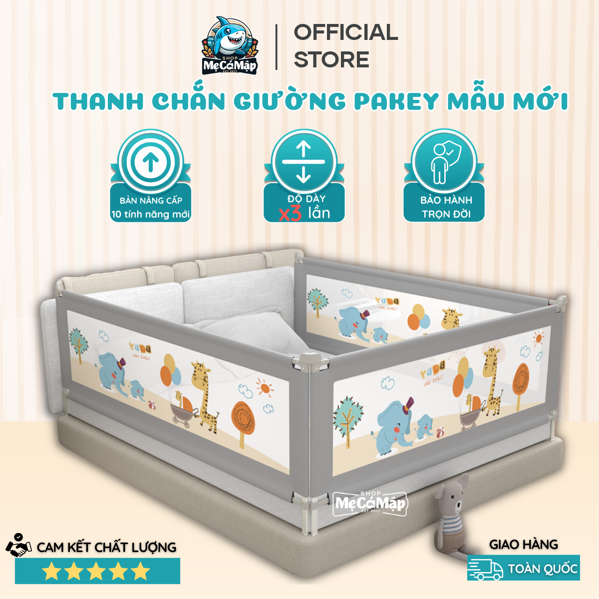 Thanh chắn giường cho bé SALE giá nhập chặn giường Pakey dạng trượt cao tối đa 105cm có 3 màu phù hợ